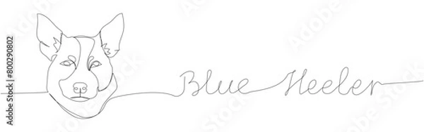 Obraz Australian Cattle Dog, blue heeler, dog breed, shepherd dog, companion dog one line art. Continuous line drawing of friend, dog, friendship, care, pet, canine with inscription, lettering, handwritten.