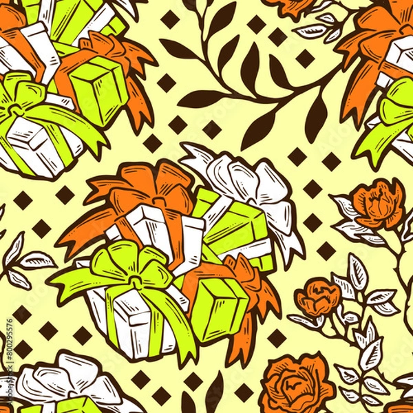Fototapeta Gift box, ribbon and flowers seamless vector pattern for wrapping present with bow, party celebration, sale promotion, Textile print, fabric design, banner background. Hand drawn style illustration.