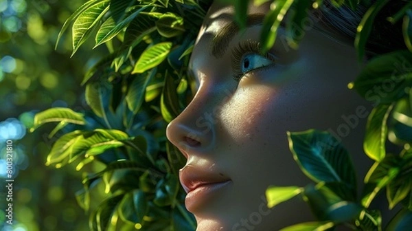 Fototapeta 3D AI woman blending with nature, graphic background, serene expression, wide angle, vivid detail3D render
