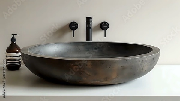 Fototapeta Minimalist Dark Textured Basin and Faucet with Artisan Craftsmanship