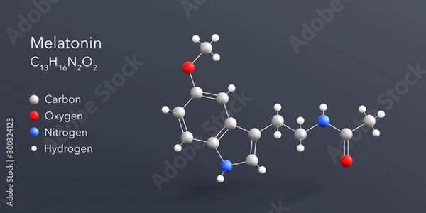 Fototapeta melatonin molecule 3d rendering, flat molecular structure with chemical formula and atoms color coding