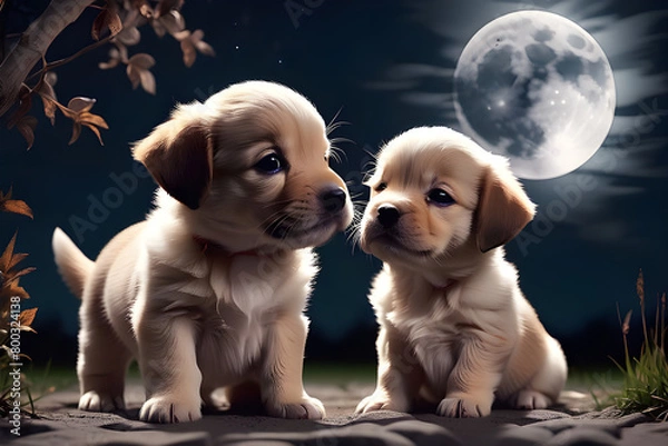 Obraz Two cute puppies are bowing under the full moon.