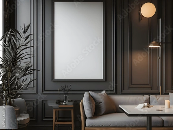 Fototapeta apartement Livingroom in the evening with furniture,grey sofa,green plants, one chandelier,black walls, chandelier with interior mockup with one white photo frame in the background