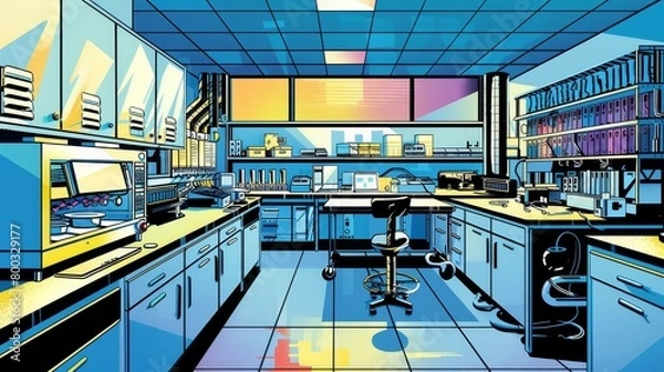 Fototapeta Pop art of Silicon Valley quantum computing labs, in a high contrast, comic style with dramatic, saturated colors