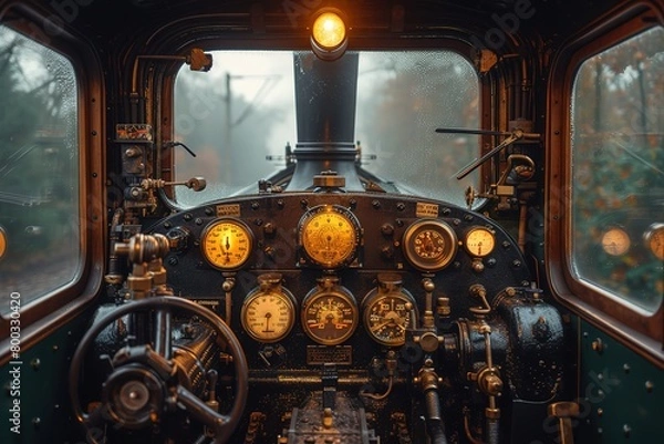 Fototapeta A steam locomotive's cab interior, with gauges and controls bathed in warm, soft light, creating an inviting atmosphere