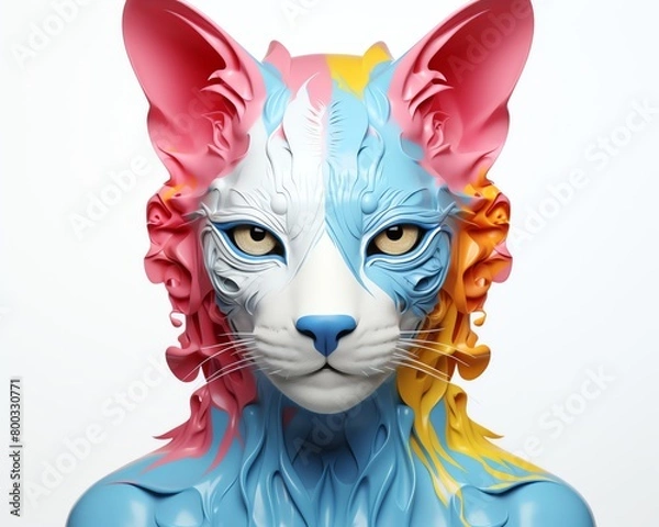 Fototapeta A 3D rendering of a cat wearing a colorful mask