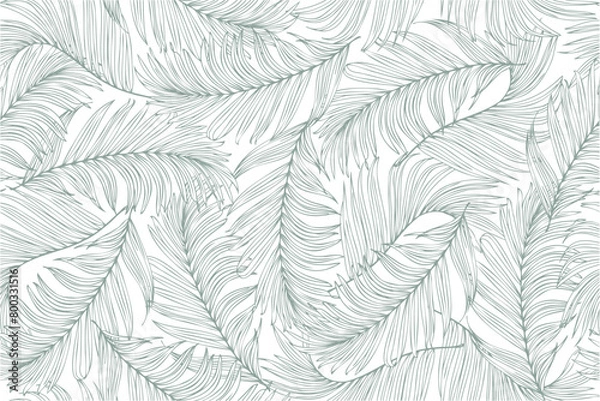 Fototapeta Tropical leaves line art wallpaper background vector. Design of natural palm and banana leaves in a minimalist linear style. Design for fabric, print, cover, banner, decoration.