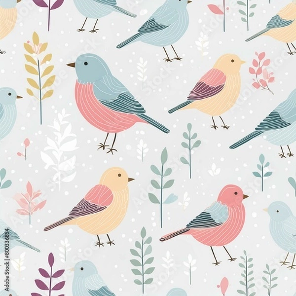 Fototapeta 北欧風　小鳥と植物のパターン素材