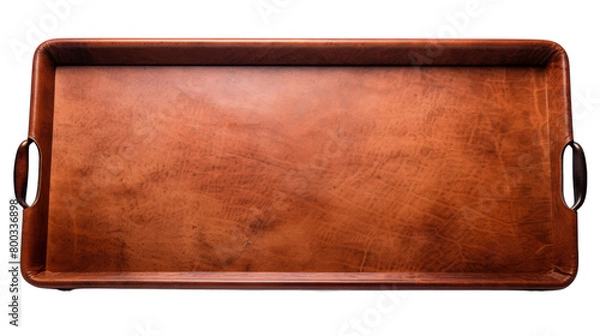 Fototapeta A luxurious brown leather tray resting on a pristine white background, showcasing sophistication and style