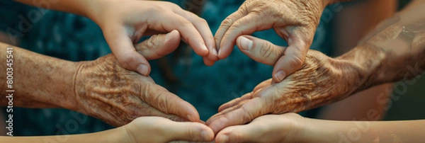 Fototapeta Multiple generations hands creating a heart shape together, representing love, family, care, and unity across ages