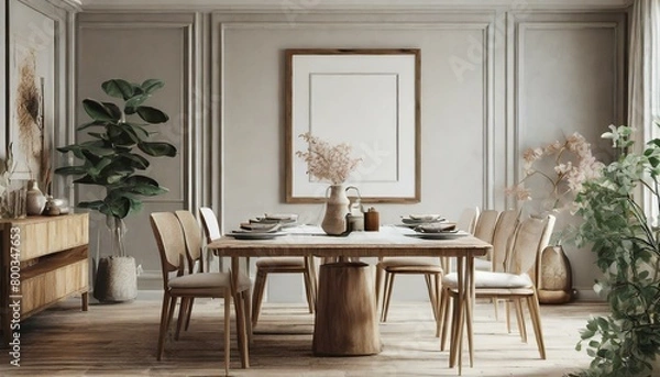 Fototapeta Inviting Dining Space: 3D Render of a Cozy Mockup Frame in a Dining Room"
