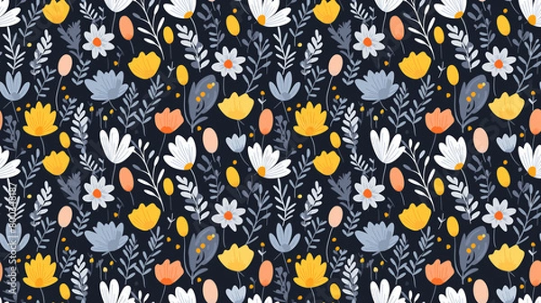 Fototapeta A seamless pattern of colorful flowers and leaves on a dark blue background