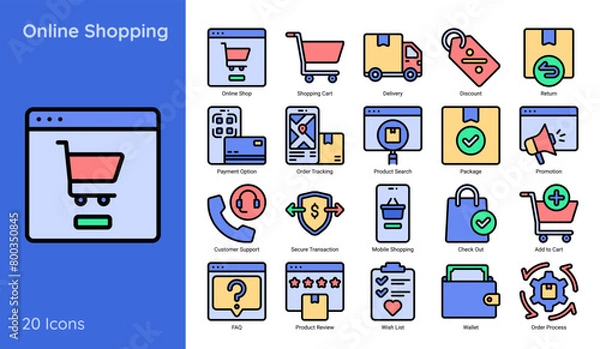 Fototapeta Online shopping icons set. Web icon related to e-commerce, shopping vector symbol. Line color online shopping icons.