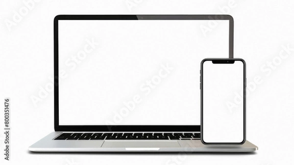 Obraz Laptop computer and mobile phone mock ups isolated on white background. Blank white empty mockup screen of computer and smartphone technology digital devices set templates.
