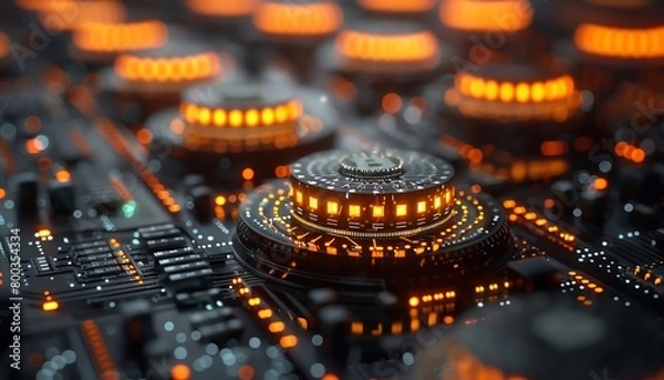 Obraz An electronic circuit board with glowing orange lights