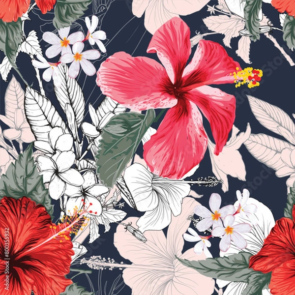 Fototapeta Seamless floral pattern with frangipani lily and hibiscus flowers background.Vector illustration hand drawning.For fabric pattern print design texture
