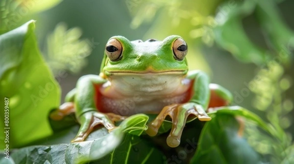 Fototapeta A close-up image showcasing a vibrant green frog with vivid eyes perched calmly on a dewy leaf, highlighting the frog's natural habitat