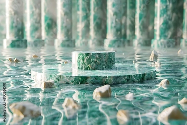 Obraz Beautiful abstract background with green water and white marble podium