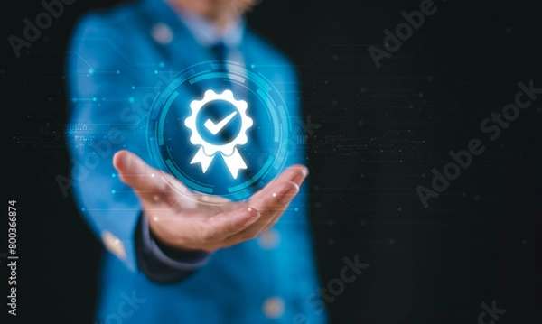 Fototapeta Guarantee service, business performance internet checklist concept. Businessman correct sign mark on document online approve paperless, quality assurance. test online survey, fill digital form