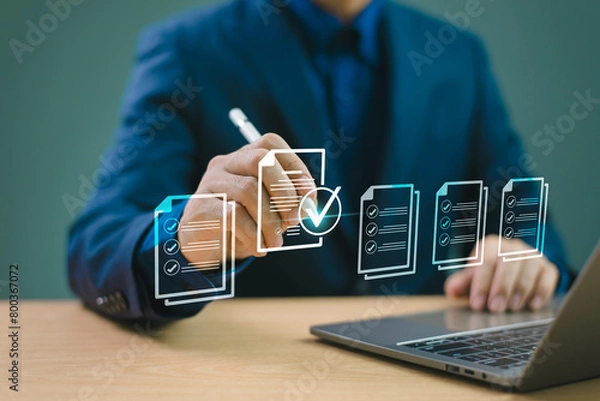 Fototapeta Review online approval, digital research. Document audit inspection, business asset analysis concept. Man inspects data, file check checklist online survey. Efficient document form project management