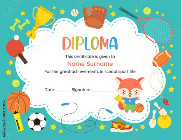 Fototapeta Cute school certificate in sport award. Elementary diploma for PE success. Text frame template, cute border with copy space. Cartoon design with kawaii animal student character and sports icons.