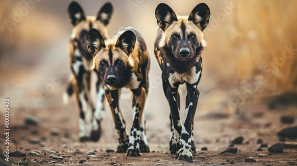 Obraz An intimate glimpse of African wild dogs walking towards the camera, showcasing their unique fur patterns and strong gazes