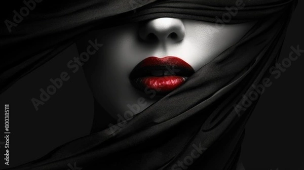Fototapeta Minimalistic black background with a female face partially hidden by a dark cloth.