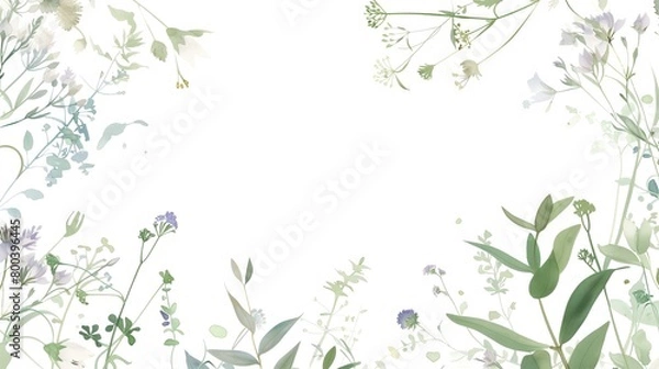 Fototapeta summer, watercolour, rectangle frame surrounding frame of thyme herbs delicate pale blue purple flowers delicate deep green vines leaves floral meadow mix individually spaced white background frame