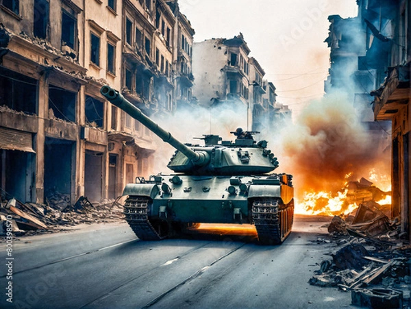Fototapeta Panzer fährt durch eine zerstörte Stadt