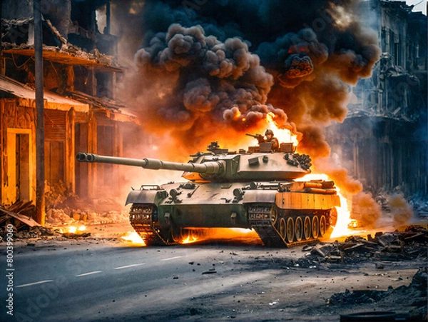 Fototapeta Panzer fährt durch eine zerstörte Stadt