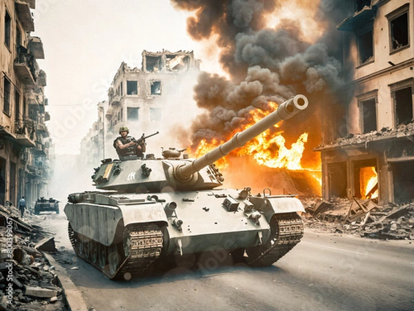 Fototapeta Panzer fährt durch eine zerstörte Stadt