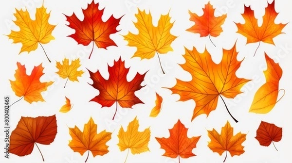 Fototapeta A set of vibrantly colored autumn leaves casting delicate shadows on a white surface, portraying the ephemeral nature of fall