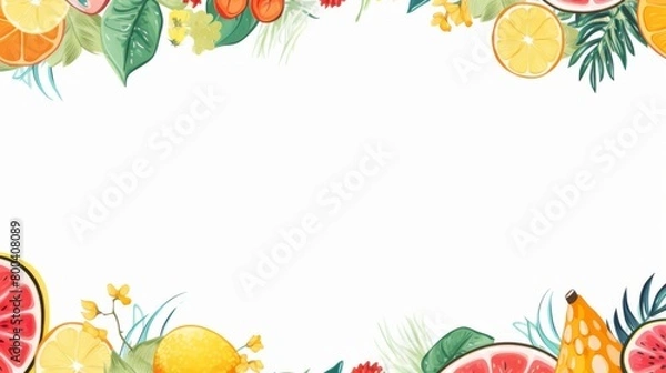 Fototapeta A vibrant fruit border featuring a variety of sliced citrus and berries on a clean white backdrop