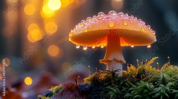 Fototapeta Glowing mushroom with dewdrops in a forest at sunset