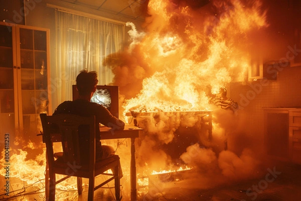 Obraz A person sitting calmly in a chair in a room caught on fire. A meme scene depicting someone not caring about the destruction of surroundings.	
