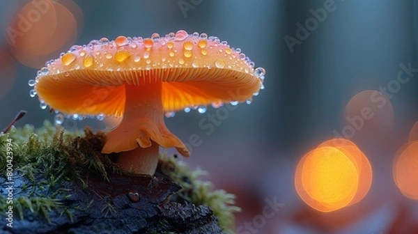 Fototapeta Glowing mushroom with dew drops against a blurred forest background