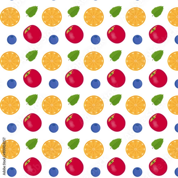 Fototapeta Seamless pattern for packaging and wrapping paper. Red juicy apple and round orange slice. Blue blueberries and mint leaf white background. Vector cartoon illustration. Print for textiles and fabric.