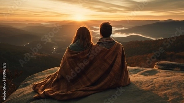 Fototapeta A couple is sitting on a mountain top, wrapped in blankets, and watching the sun set. Scene is peaceful and romantic
