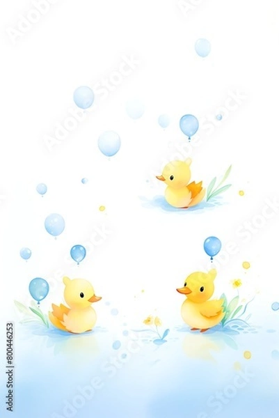 Fototapeta Three cute yellow rubber ducks are floating in a pond. The ducks are all wearing party hats and have different colored balloons tied to their necks.