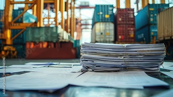 Fototapeta Pile of Shipping Documents at Port
Description: Stack of trade documents with shipping containers backdrop.