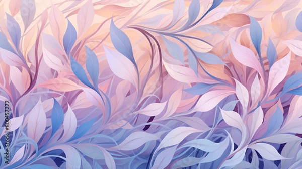 Fototapeta Twilight Forest Leaves: Pattern of Pink and White Leaves Against a Background of Light Orange and Sky-Blue, Evoking the Serene Atmosphere of Dusk in the Forest