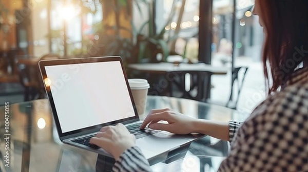 Fototapeta A mockup image depicting a businesswoman using a laptop with a blank white screen, accompanied by a coffee cup, set in a modern loft café.
