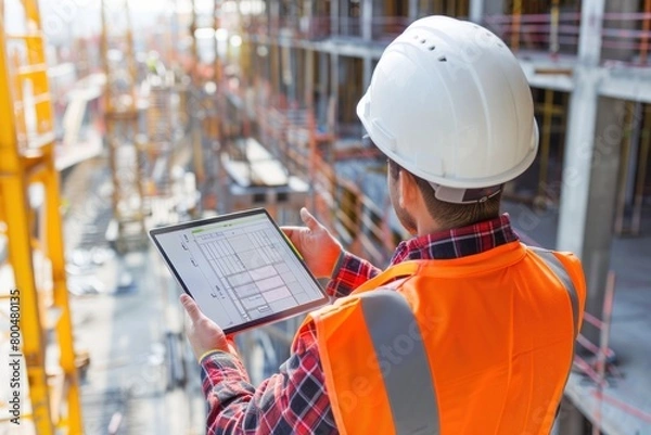 Fototapeta A man wearing a hard hat and orange vest is looking at a tablet. He is likely a construction worker or engineer