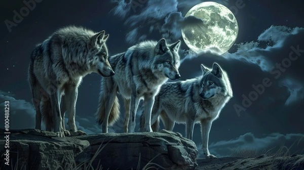 Fototapeta Conceptual depiction of a wolf pack with an alpha amidst a full moon.