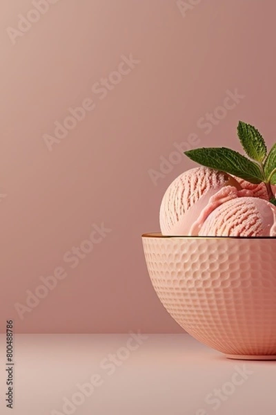 Fototapeta pink ice cream balls with mint in a ceramic bowl on the table. a place for text, advertising