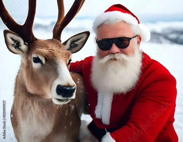 Obraz Portrait of a good-natured modern Santa Claus with a long white beard in a red suit and sunglasses with a deer