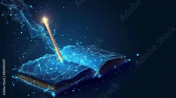Fototapeta Illustrating digital drawing and creative writing powered by AI technology, an open notebook and pencil glow in polygonal style against a blue backdrop. Abstract vector illustration.