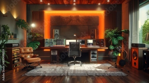 Obraz A professional music studio with a mixing console, speakers, and a comfortable chair. The room is decorated with wood and has a large window.