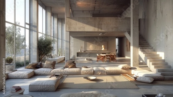 Fototapeta An open floor plan living room with concrete walls and large windows. There is a sunken seating area with pillows and a coffee table.