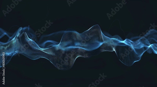 Fototapeta A smooth, blue, digital wave pattern against a dark background, with peaks and troughs representing the fluctuating nature of data flow in digital communications.